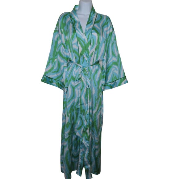 Diane Von Furstenberg Womens Long Robe L Green Blue Zebra Disco Recycled Poly - Picture 2 of 11